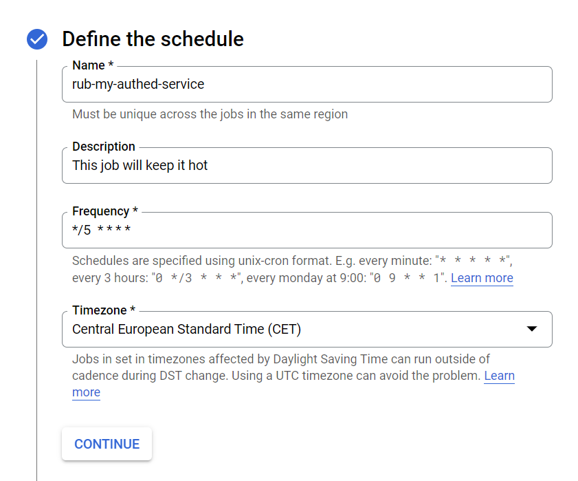 First step of creating GCP Cloud Scheduler with cron tab set to do job every 5 minutes.